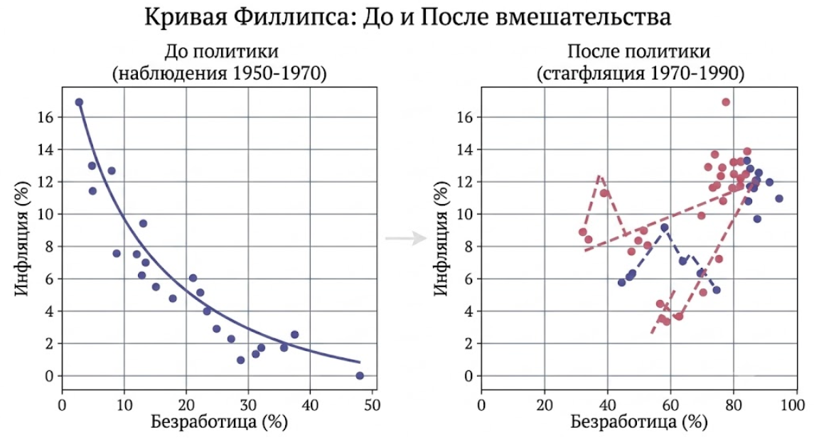 Кривая Филлипса до и после вмешательства